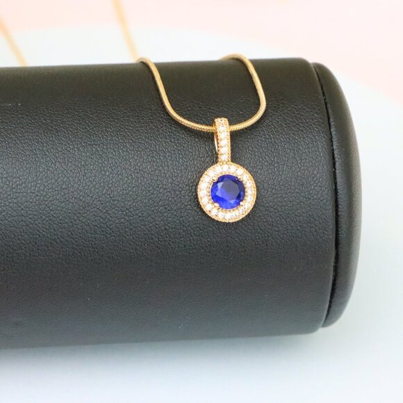 "Gold Plated Blue Round Pendant with Crystal Halo for Women, XPPT1739 - Picture 3 of 13